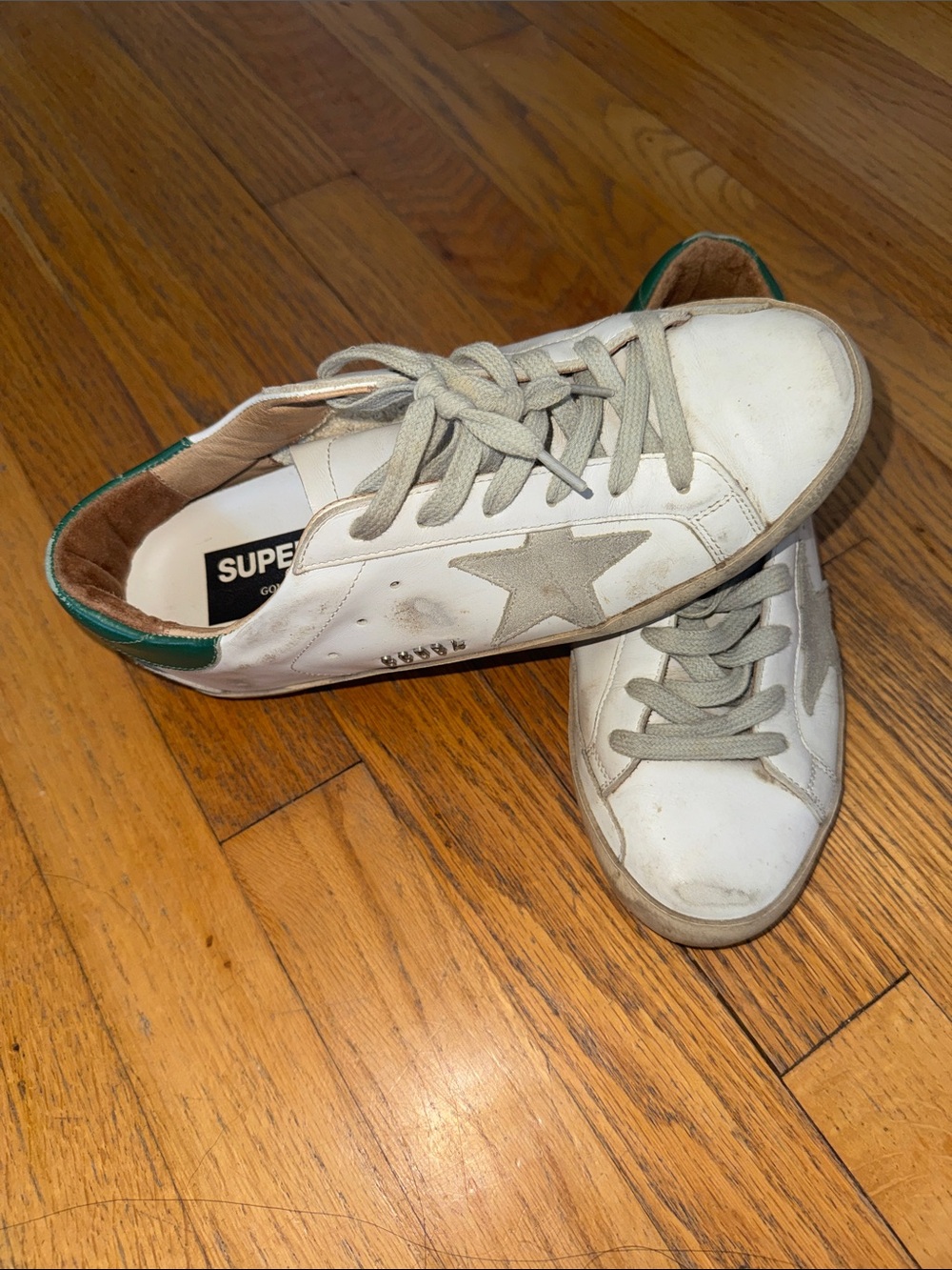 Golden Goose White Leather Sneakers with Gray Star and Green Heel